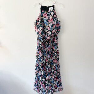 sam edelman // pink blue black floral pleated midi dress 0